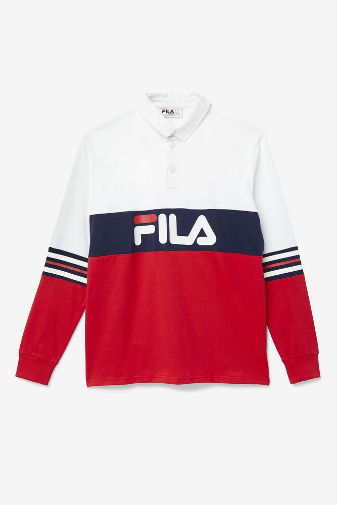 Fila Polo Syd Long Sleeve Mens White/Red/Navy - India TOK-820593